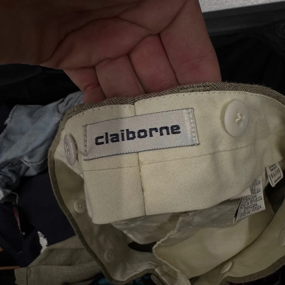 Vintage Claiborne Mens 34x30 Linen Cotton Herringbone Pleated Cuffed Pants Tan